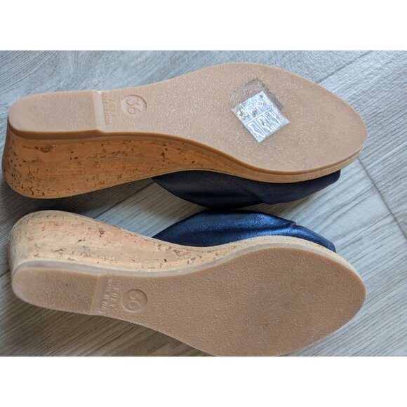 Rosetta Blue Wedge Slide Sandals Gold Embellished Size 36 Italy Made Rhinestone - Picture 5 of 5